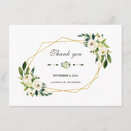 Elegante witte bloem gouden lijst bruiloft dank je bedankkaart (Voorkant)