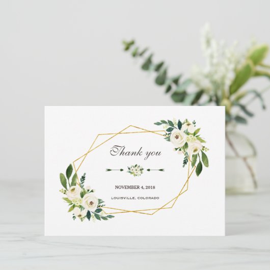 Elegante witte bloem gouden lijst bruiloft dank je bedankkaart (Staand voorkant)