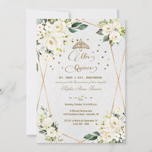 Elegante Witte Bloem Gouden Mis Quince Quinceañera Kaart (Voorkant)