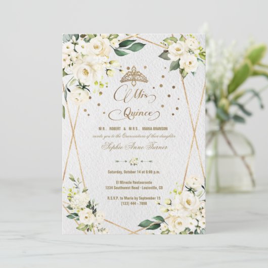 Elegante Witte Bloem Gouden Mis Quince Quinceañera Kaart (Staand voorkant)