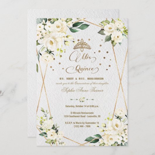 Elegante Witte Bloem Gouden Mis Quince Quinceañera Kaart (Voorkant / Achterkant)