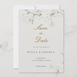 Elegante witte bloem gouden script Bewaar de datum Save The Date