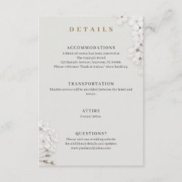Elegante witte bloem gouden script details trouwen informatiekaartje