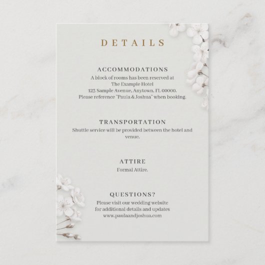 Elegante witte bloem gouden script details trouwen informatiekaartje (Voorkant)