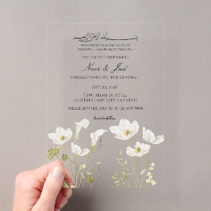 Elegante witte bloem islamitische Nikkah uitnodigi Acryl Uitnodigingen