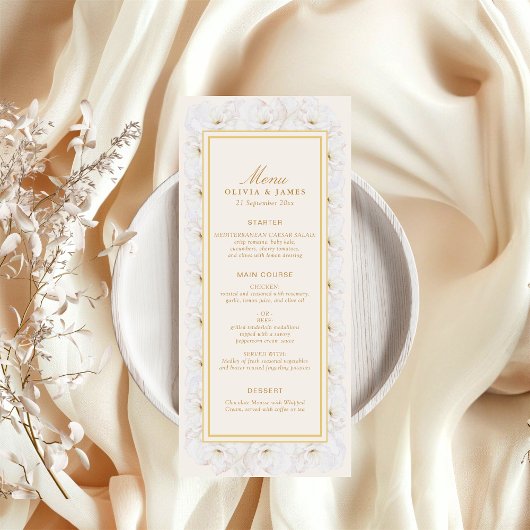 Elegante witte bloem ivoren gouden rand menu