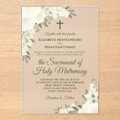 Elegante witte bloem moderne katholieke bruiloft acryl uitnodigingen (Voorkant)