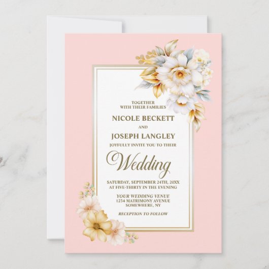 Elegante witte bloem roze bruiloft kaart (Voorkant)