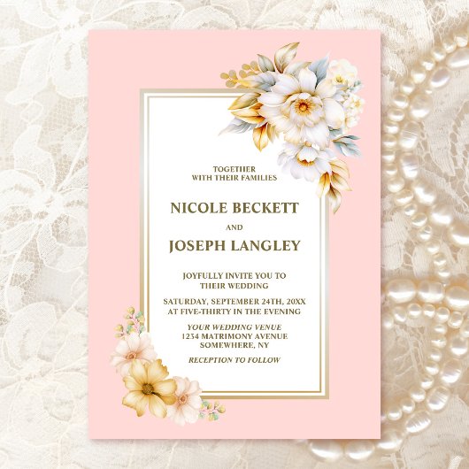 Elegante witte bloem roze bruiloft kaart