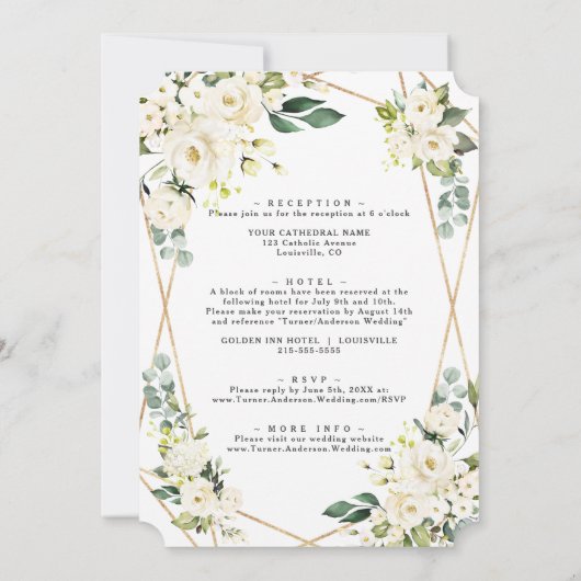 Elegante witte bloem roze gouden alles-in-één brui kaart (Achterkant)