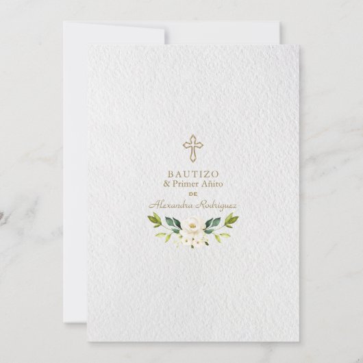 Elegante Witte Bloem Spanish 1e Verjaardag Doopfee Kaart (Achterkant)