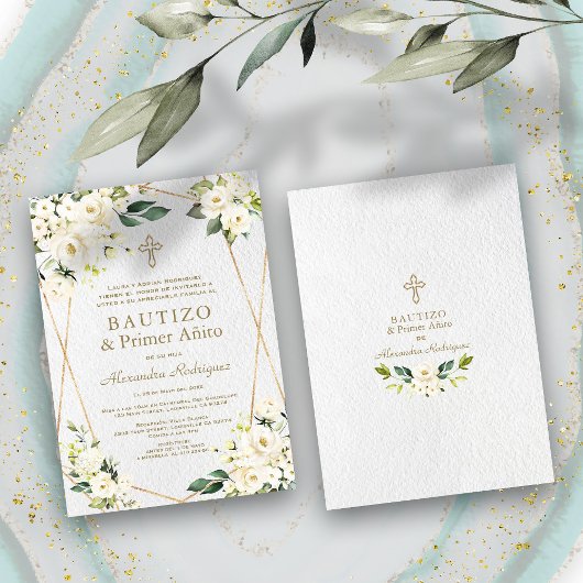 Elegante Witte Bloem Spanish 1e Verjaardag Doopfee Kaart