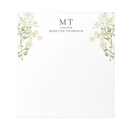 Elegante witte bloem wilde bloem klassiek monogram notitieblok (Voorkant)