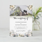 Elegante witte bloemboeketten foto bruiloft kaart (Staand voorkant)