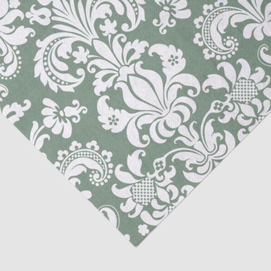 Elegante witte bloemdamast over salie groen tissuepapier (Detail)