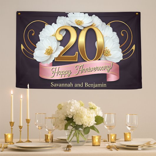 Elegante witte bloemen 20ste bruiloft Jubileum Spandoek