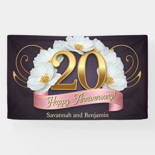 Elegante witte bloemen 20ste bruiloft Jubileum Spandoek (Horizontaal)