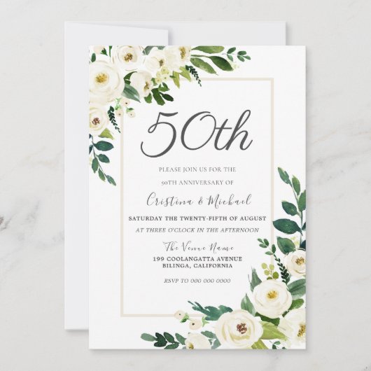 Elegante Witte Bloemen 50ste Huwelijksjubileum Kaart (Voorkant)