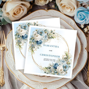 Elegante Witte Bloemen Blauw Goud Trouw Servetten