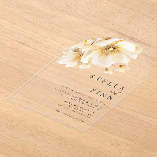 Elegante witte bloemen bruiloft acryl uitnodigingen (Laagn)