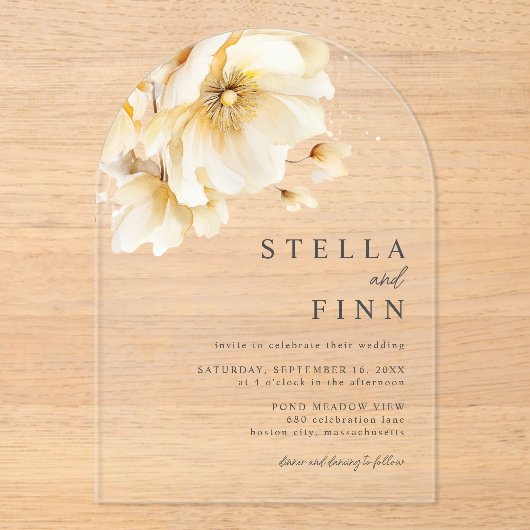 Elegante witte bloemen bruiloft acryl uitnodigingen (Voorkant)