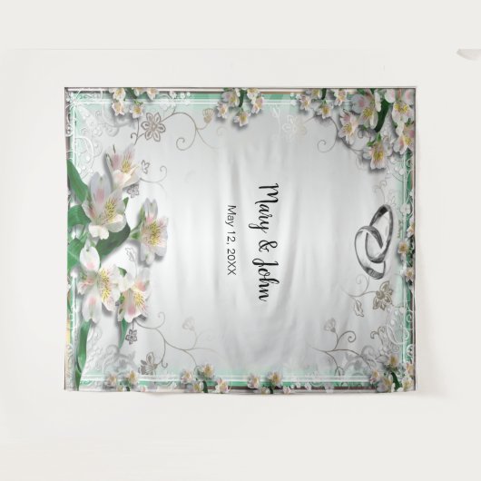 Elegante witte bloemen bruiloft foto achtergrond wandkleed (Voorkant (horizontaal))