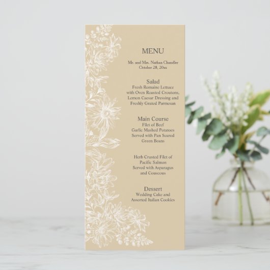 Elegante witte bloemen bruiloft receptie menu (Staand voorkant)