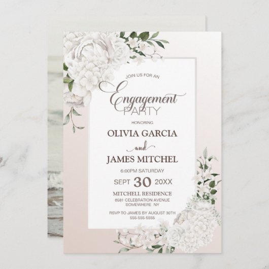 Elegante Witte Bloemen Custom Photo Engagement Par Kaart (Voorkant / Achterkant)