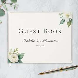 Elegante witte bloemen en groen custom trouwdecora gastenboek