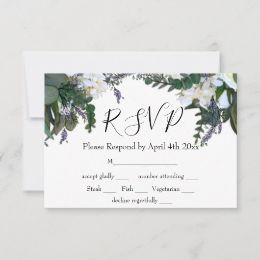 Elegante witte bloemen eucalyptus lavendel RSVP (Voorkant)