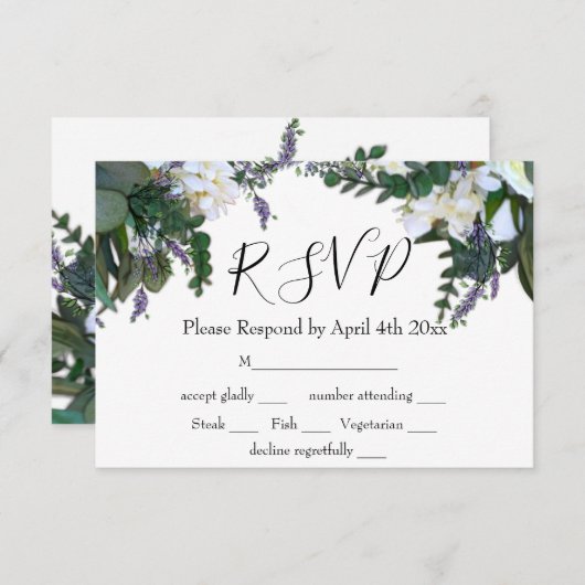 Elegante witte bloemen eucalyptus lavendel RSVP (Voorkant / Achterkant)