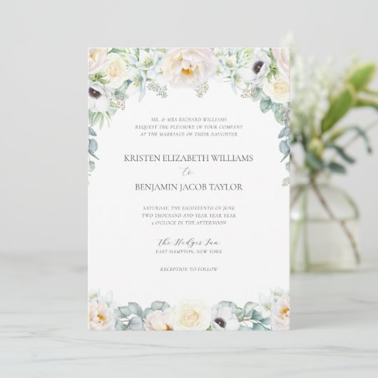 Elegante Witte Bloemen Fine Art Wedding Kaart (Staand voorkant)