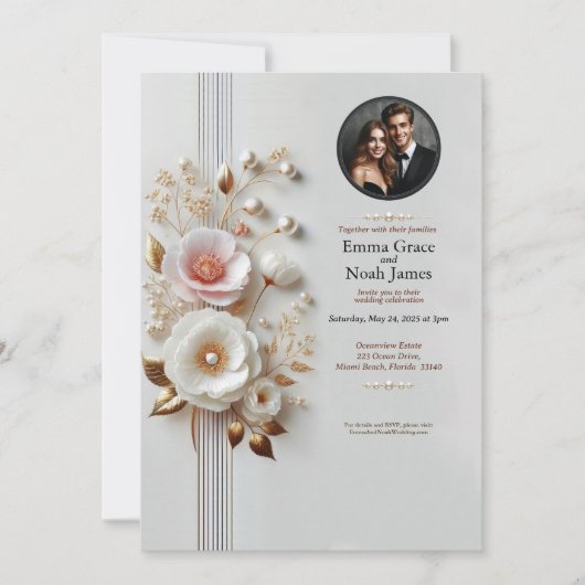 Elegante Witte Bloemen Foto Huwelijksuitnodiging Kaart (Voorkant)