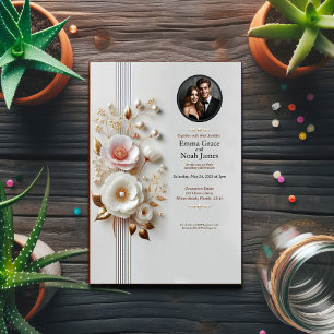 Elegante Witte Bloemen Foto Huwelijksuitnodiging Kaart