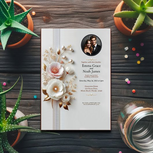 Elegante Witte Bloemen Foto Huwelijksuitnodiging Kaart