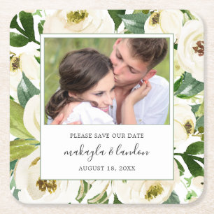 Elegante witte bloemen foto save the date kartonnen onderzetters