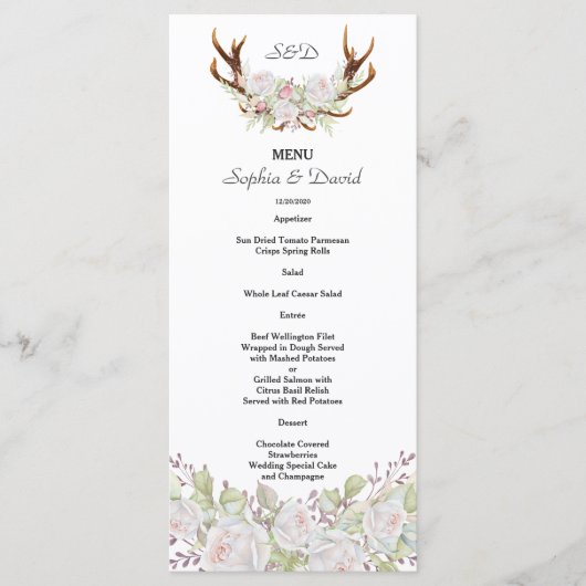 Elegante Witte Bloemen Geweien Monogram Menu (Voorkant)