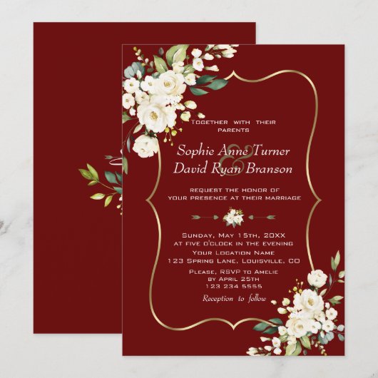 Elegante Witte Bloemen Goud Bourgondi Trouwen Kaart (Voorkant / Achterkant)
