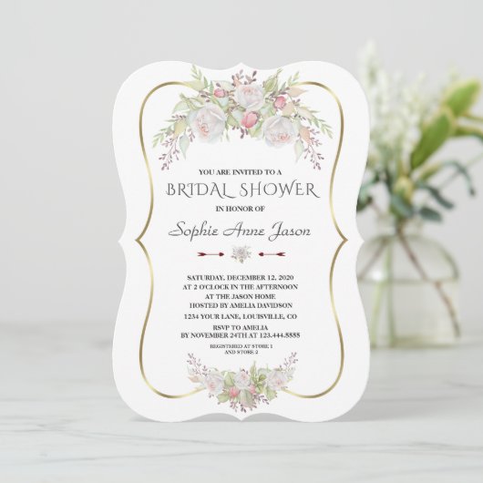 Elegante Witte Bloemen Goud Navy Bruiloft Feest Kaart (Staand voorkant)