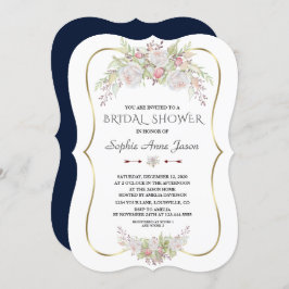 Elegante Witte Bloemen Goud Navy Bruiloft Feest Kaart