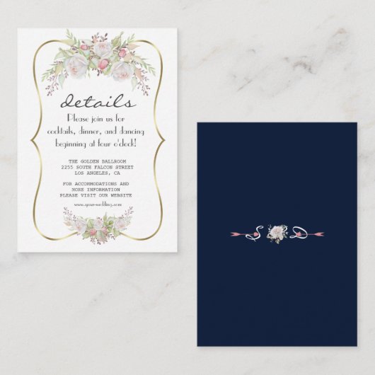 Elegante Witte Bloemen Goud Navy Trouwdetails Informatiekaartje (Voorkant / Achterkant)