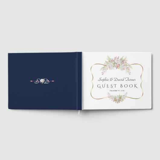 Elegante Witte Bloemen Goud Navyblauw Bruiloft Gastenboek (Volledig)