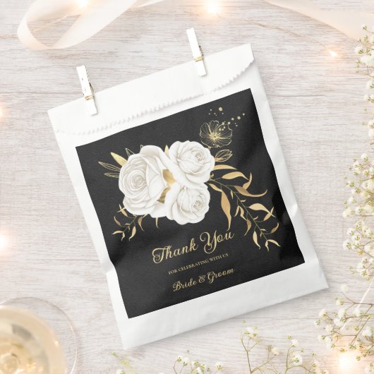 Elegante witte bloemen goud zwart bruiloft bedankzakje (Geknipt)