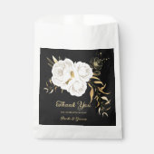 Elegante witte bloemen goud zwart bruiloft bedankzakje (Voorkant)