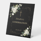 Elegante witte bloemen gouden confetti bevestiging reclamebord met voetstuk (Voorkant)