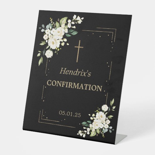Elegante witte bloemen gouden confetti bevestiging reclamebord met voetstuk (Voorkant)