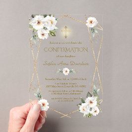 Elegante Witte Bloemen Gouden Kruis Bevestiging Acryl Uitnodigingen