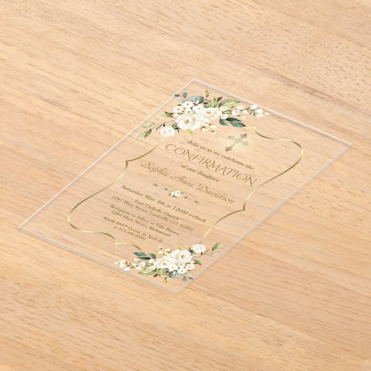 Elegante witte bloemen gouden kruis bevestiging acryl uitnodigingen (Laagn)