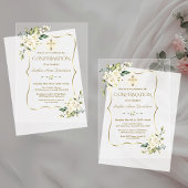 Elegante witte bloemen gouden kruis bevestiging acryl uitnodigingen