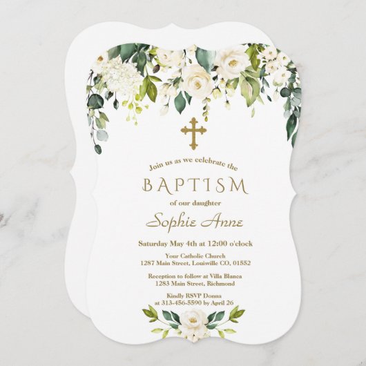 Elegante Witte Bloemen Gouden Kruis Doop Kaart (Voorkant / Achterkant)